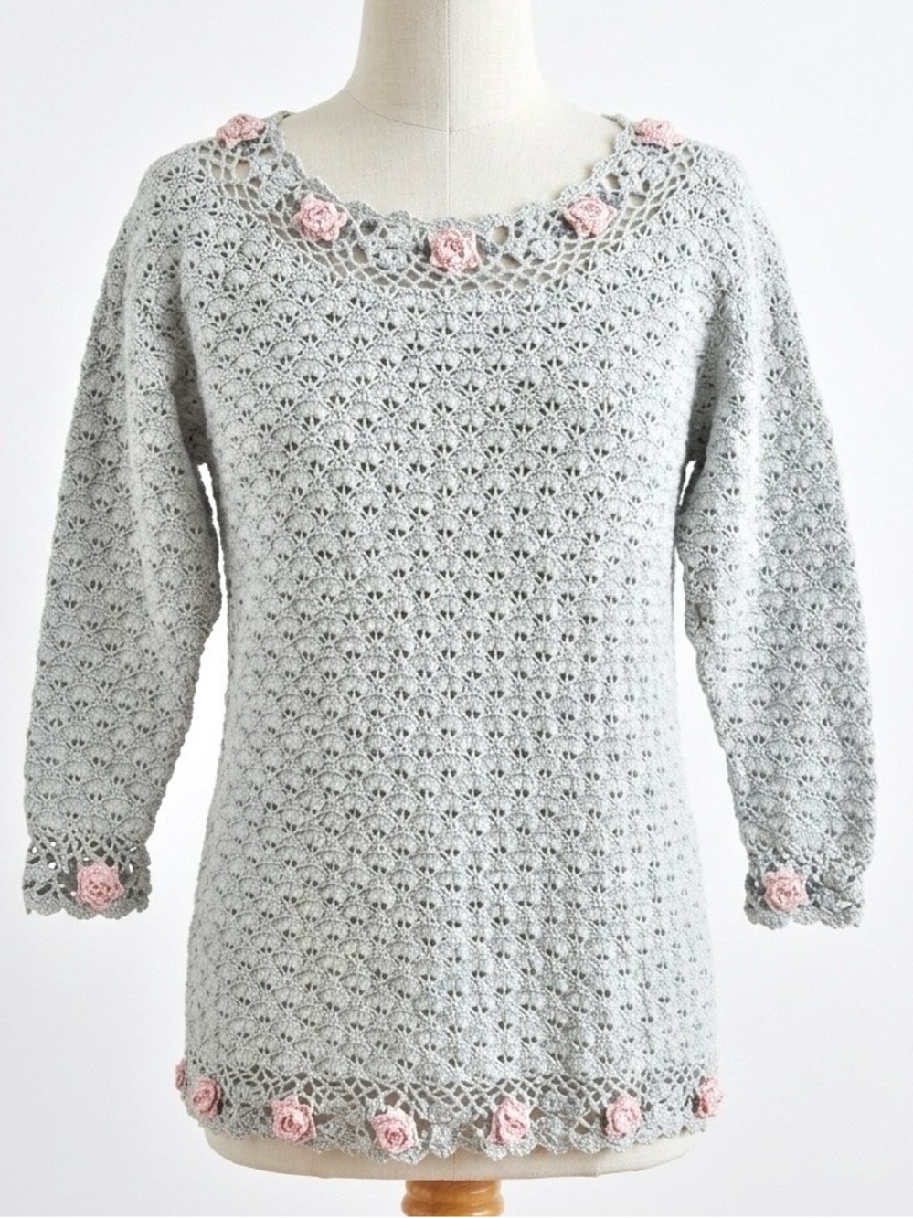 Shenanigans Hand Knit Pastel Floral Appliqué 3/4 Sleeve Sweater Vintage 90s